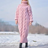 Winter Comfy Chic Turtleneck Long Sleeve Fisherman Cable Knit Maxi Sweater Dress